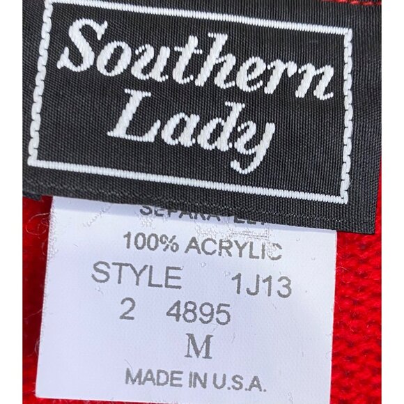 Vintage Southern Lady USA Sweater Cardigan Medium Christmas Polar Bear Tree Red - Picture 2 of 4